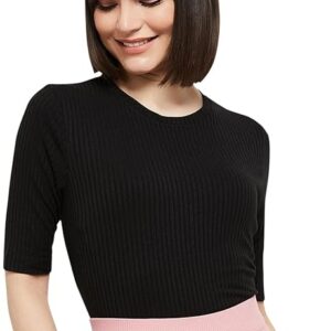 Home women's polyester regular fit solid round neck knitted top